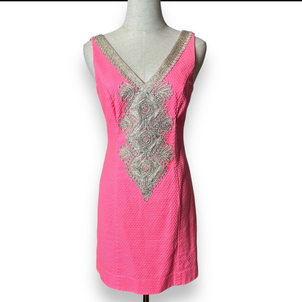 Lilly Pulitzer Junie Shift Dress Coral Reef‎ Hot Pink Gold Mini Size 0